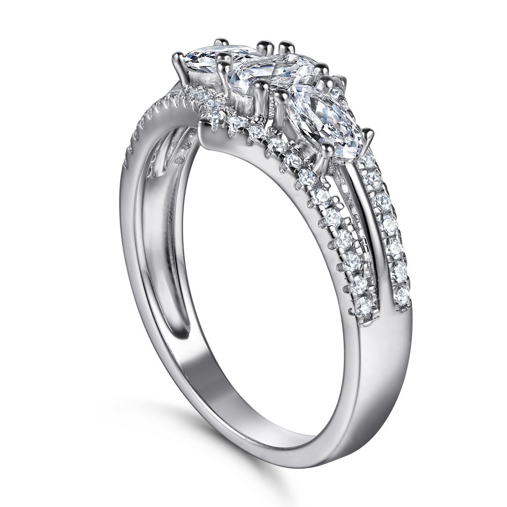VogueFlo Luxurious Three Stone Emerald Cut Sterling Silver Women's Engagement Ring - VogueFlo